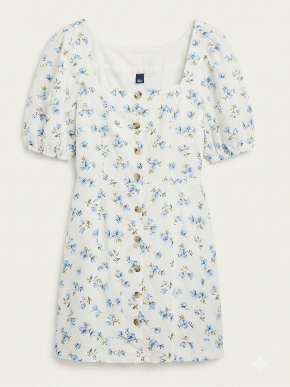 Old Navy Puff-Sleeve Linen-Blend Floral Mini Dress White Blue Button Square Neck